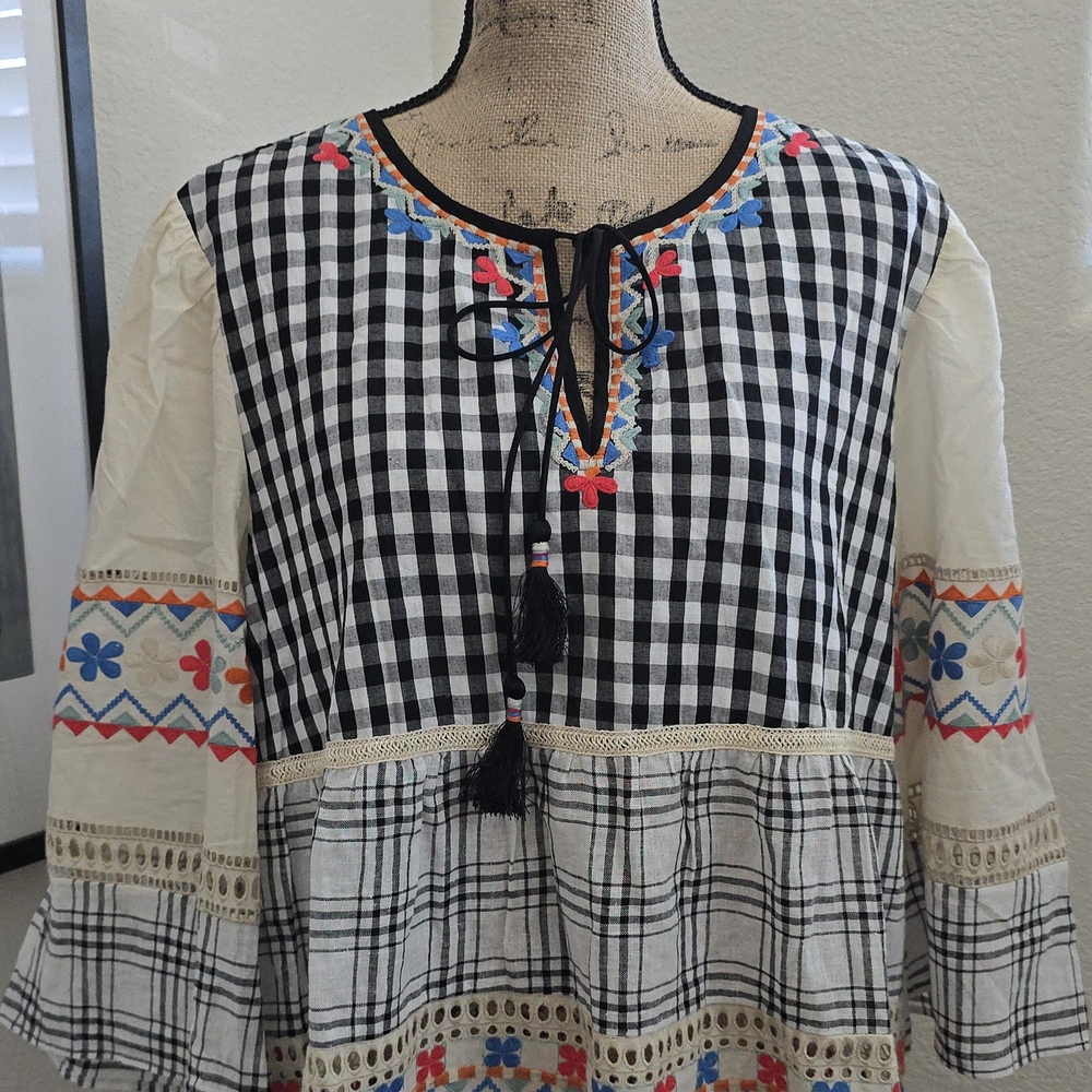 Anthropologie Penelope Black and White Gingham Blouse with Embroidery